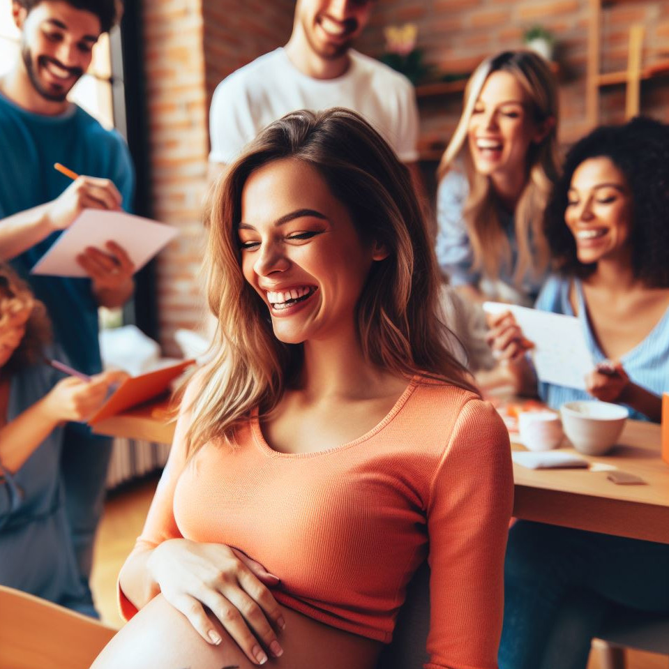 Une future maman entourée de ses proches durant une baby-shower, chacun rempli un formulaire de pronostic naissance